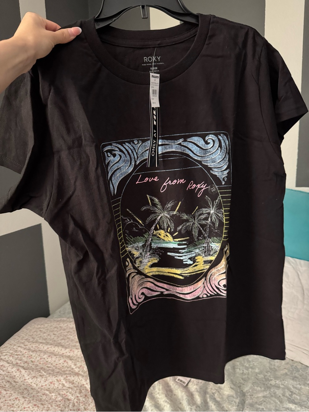 Roxy Black Graphic Tee with Light Blue Wave Print